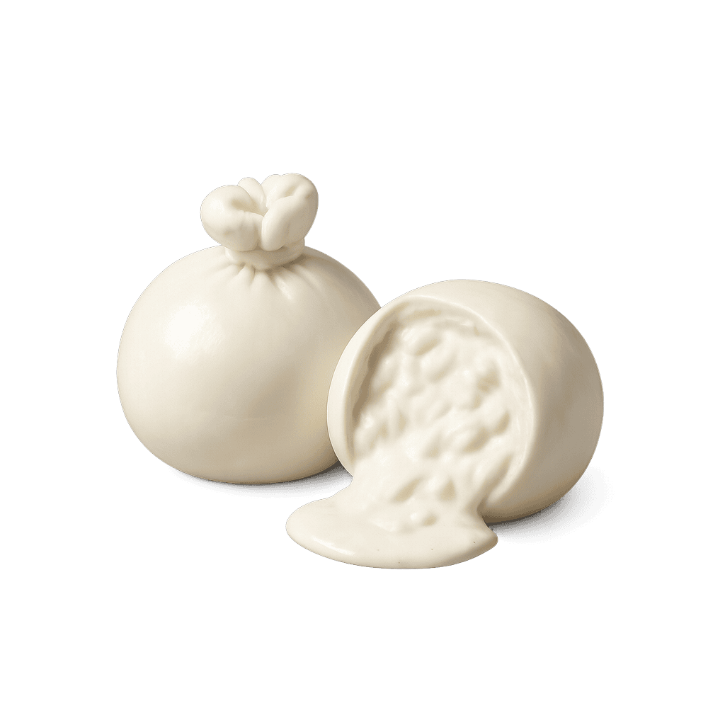 Burrata: 233 kcal (975 kJ), Bílkoviny 14g, Sacharidy 0.5g, Tuky 20g na 100g