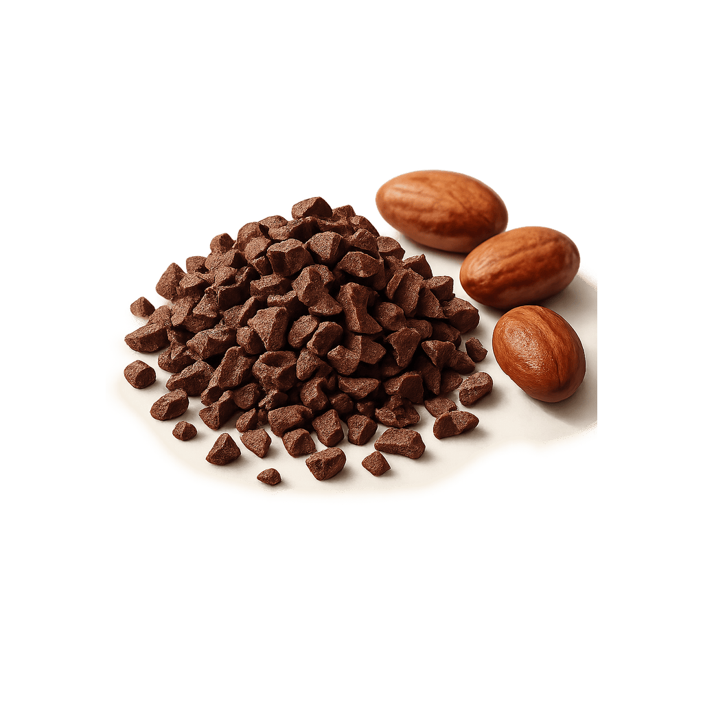Kakaové boby (nibs): 642 kcal (2686 kJ), Bílkoviny 14.32g, Sacharidy 28.42g, Tuky 52.31g na 100g