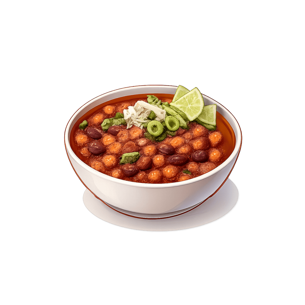 Chili con carne: 107 kcal (448 kJ), Białko 5.8g, Węglowodany 13.1g, Tłuszcz 3.47g na 100g