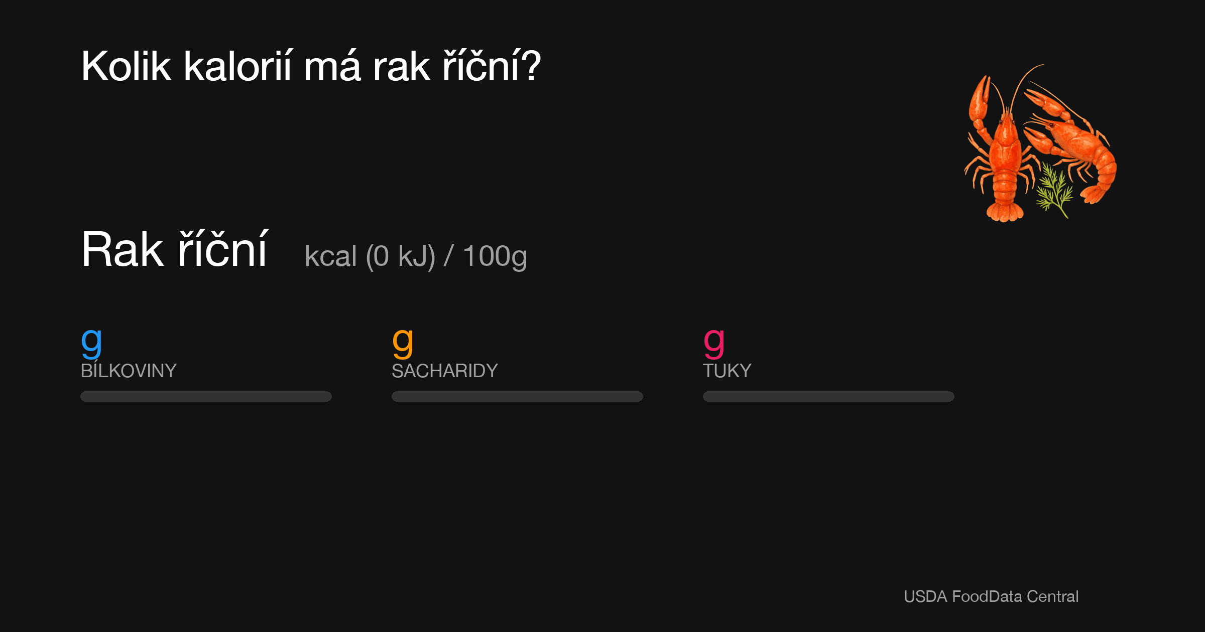 Rak říční:  kcal (0 kJ), Bílkoviny g, Sacharidy g, Tuky g na 100g