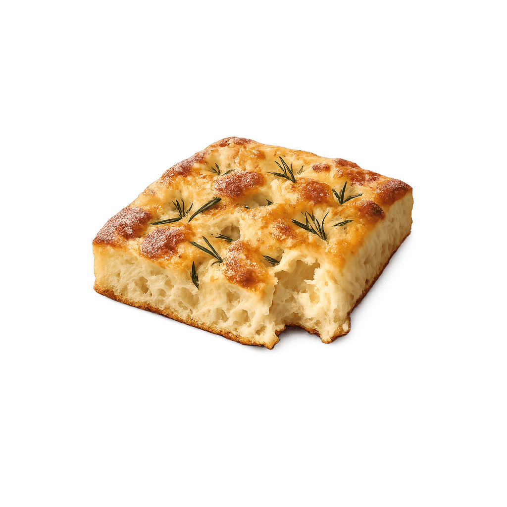 Focaccia: 437 kcal (1828 kJ), Protein 15.4g, Carbs 62.8g, Fat 13.8g per 100g