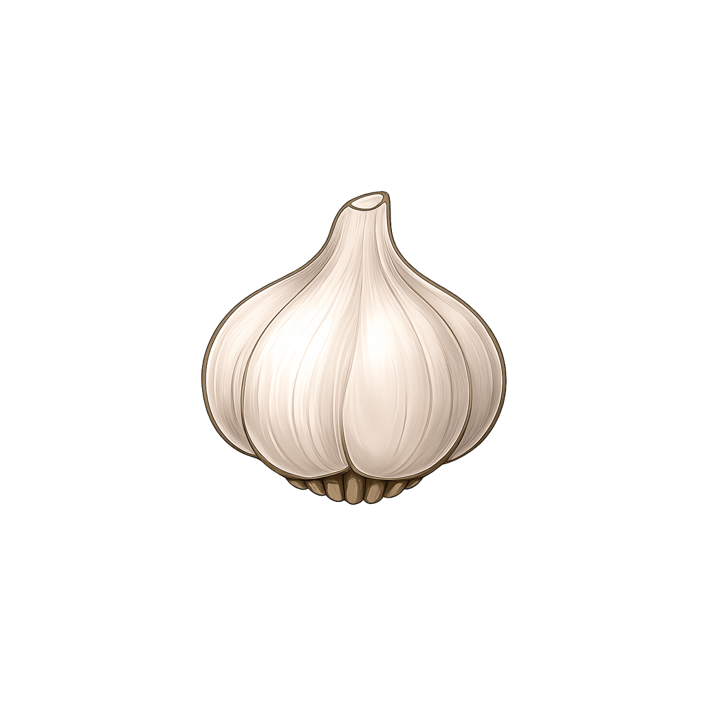 Garlic (Raw): 149 kcal (623 kJ), Protein 6.36g, Carbs 33.06g, Fat 0.5g per 100g