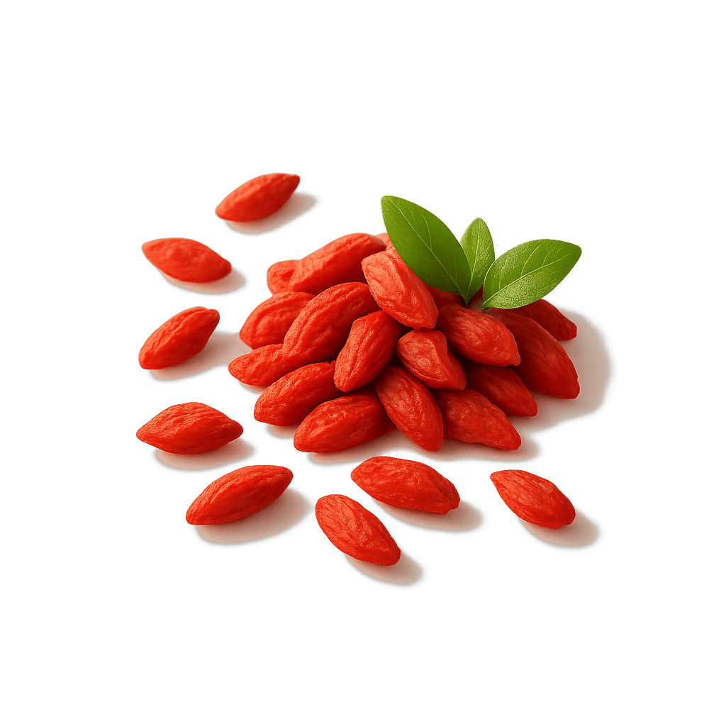 Goji-Beeren: 349 kcal (1460 kJ), Protein 14.26g, Kohlenhydrate 77.06g, Fett 0.39g pro 100g