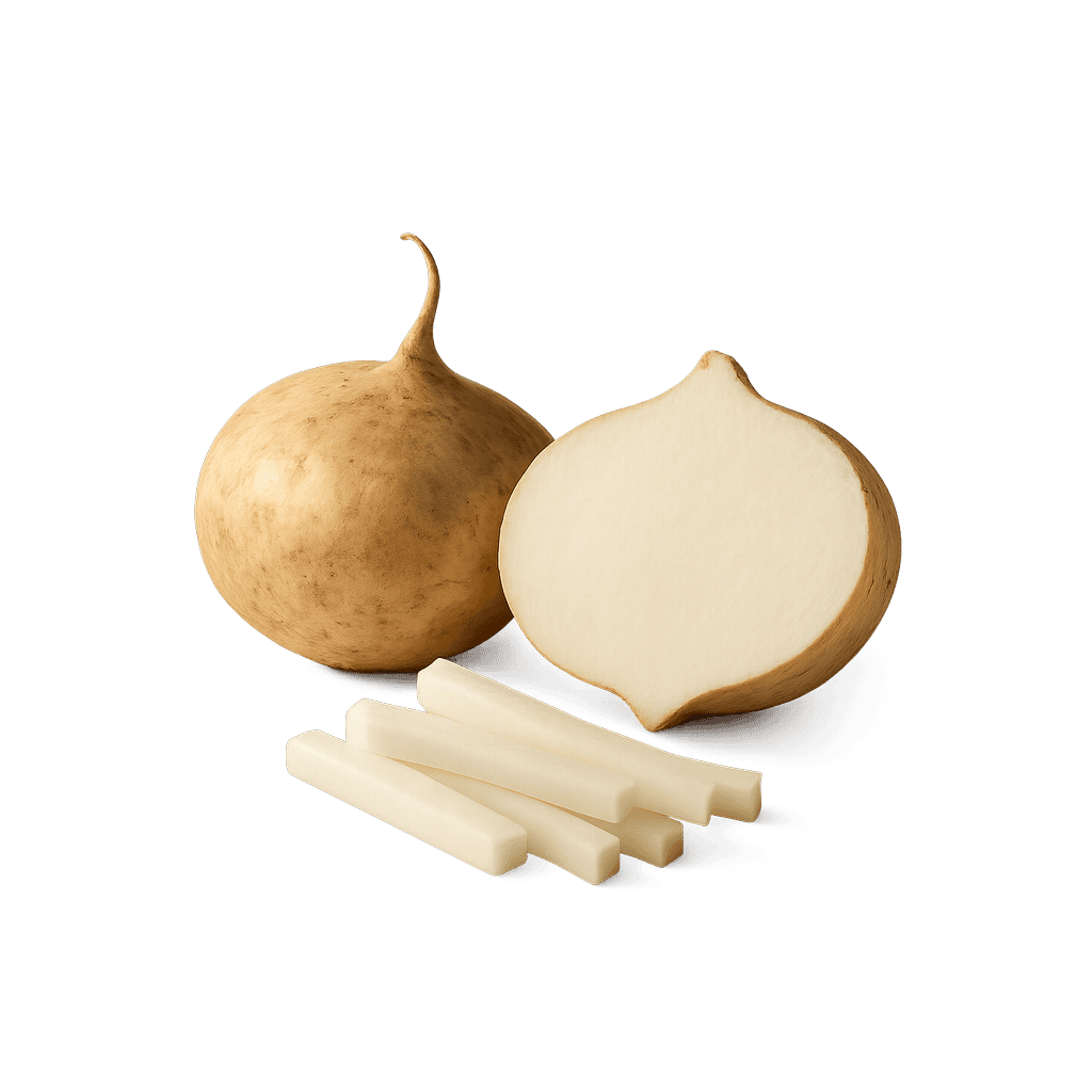 Jicama: 38 kcal (159 kJ), Protein 0.72g, Kohlenhydrate 8.82g, Fett 0.09g pro 100g