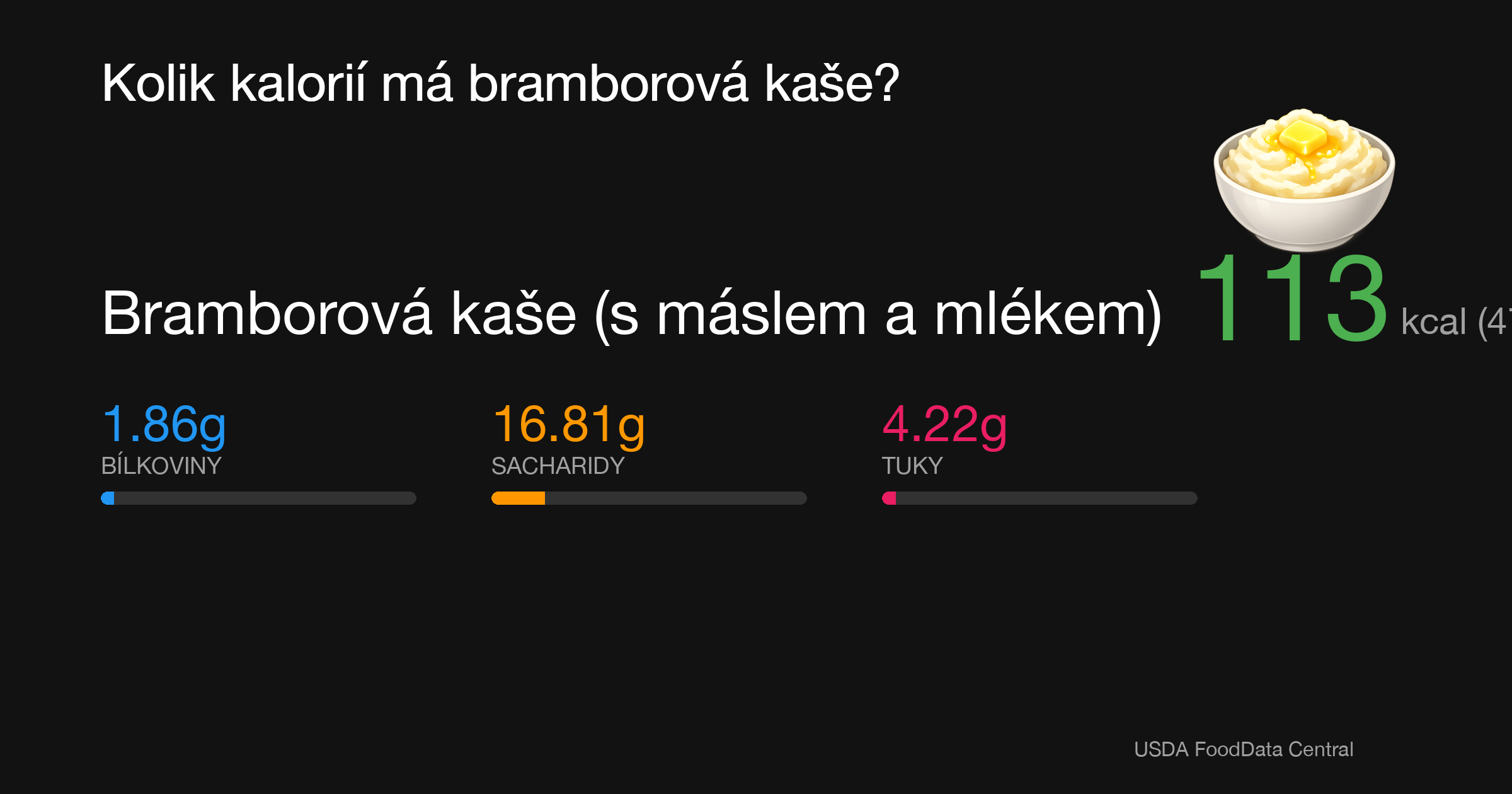 Bramborová kaše (s máslem a mlékem): 113 kcal (473 kJ), Bílkoviny 1.86g, Sacharidy 16.81g, Tuky 4.22g na 100g