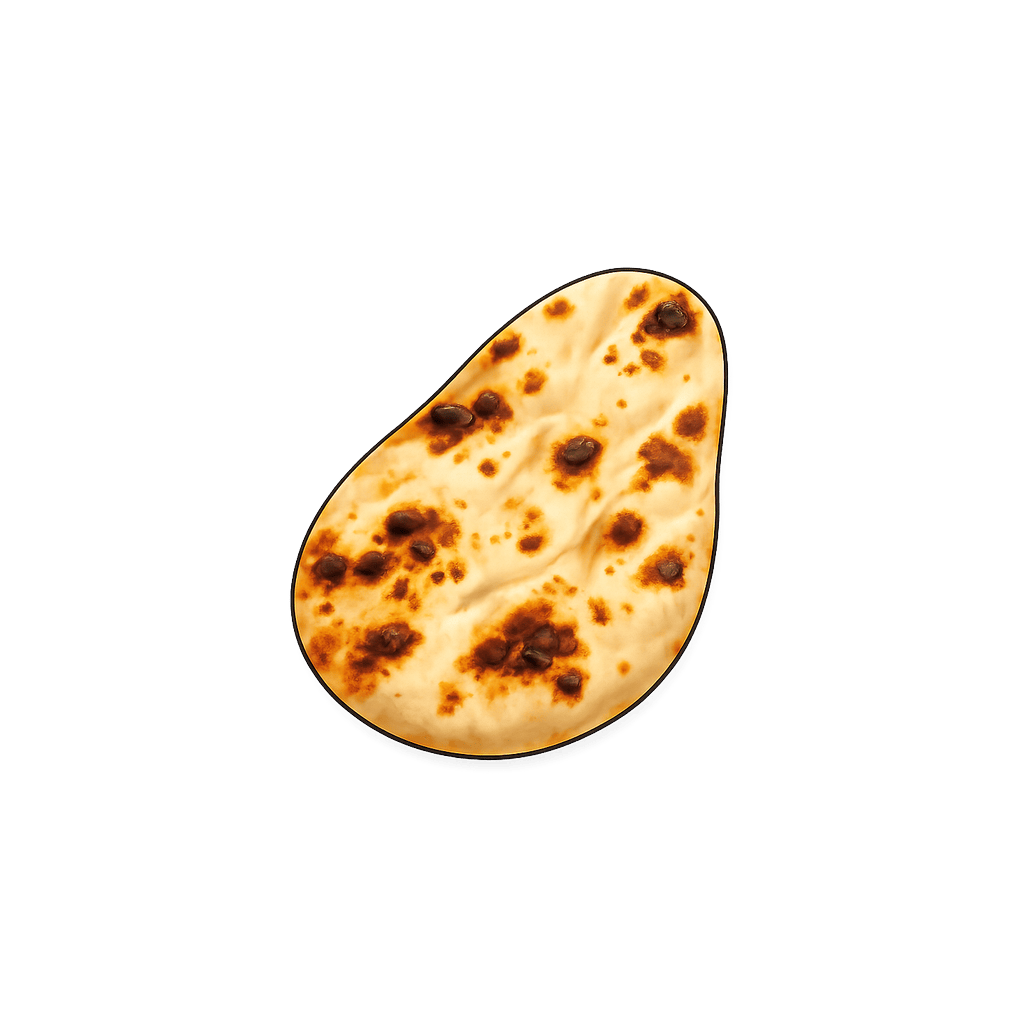 Chléb naan: 291 kcal (1218 kJ), Bílkoviny 9.62g, Sacharidy 50.43g, Tuky 5.65g na 100g