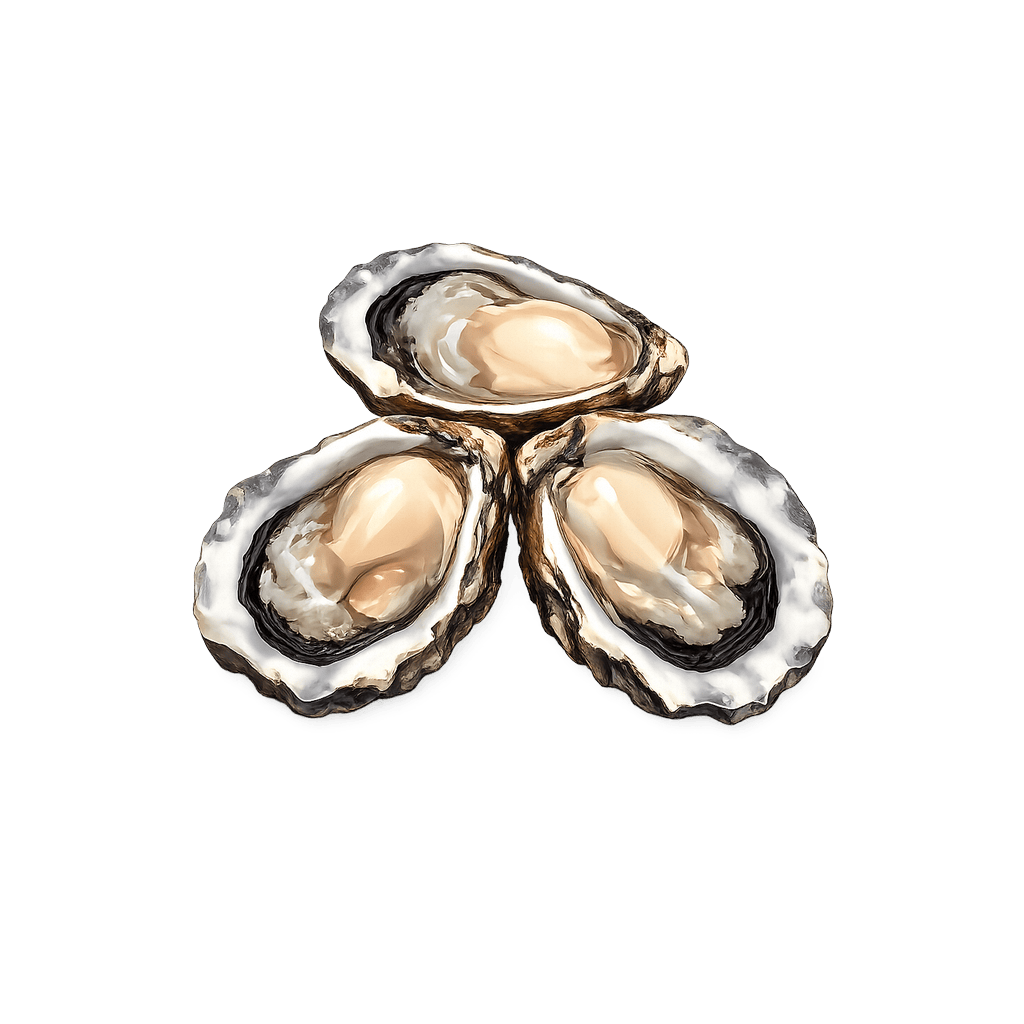 Oesters (rauw): 51 kcal (213 kJ), Eiwitten 5.71g, Koolhydraten 2.72g, Vet 1.71g per 100g