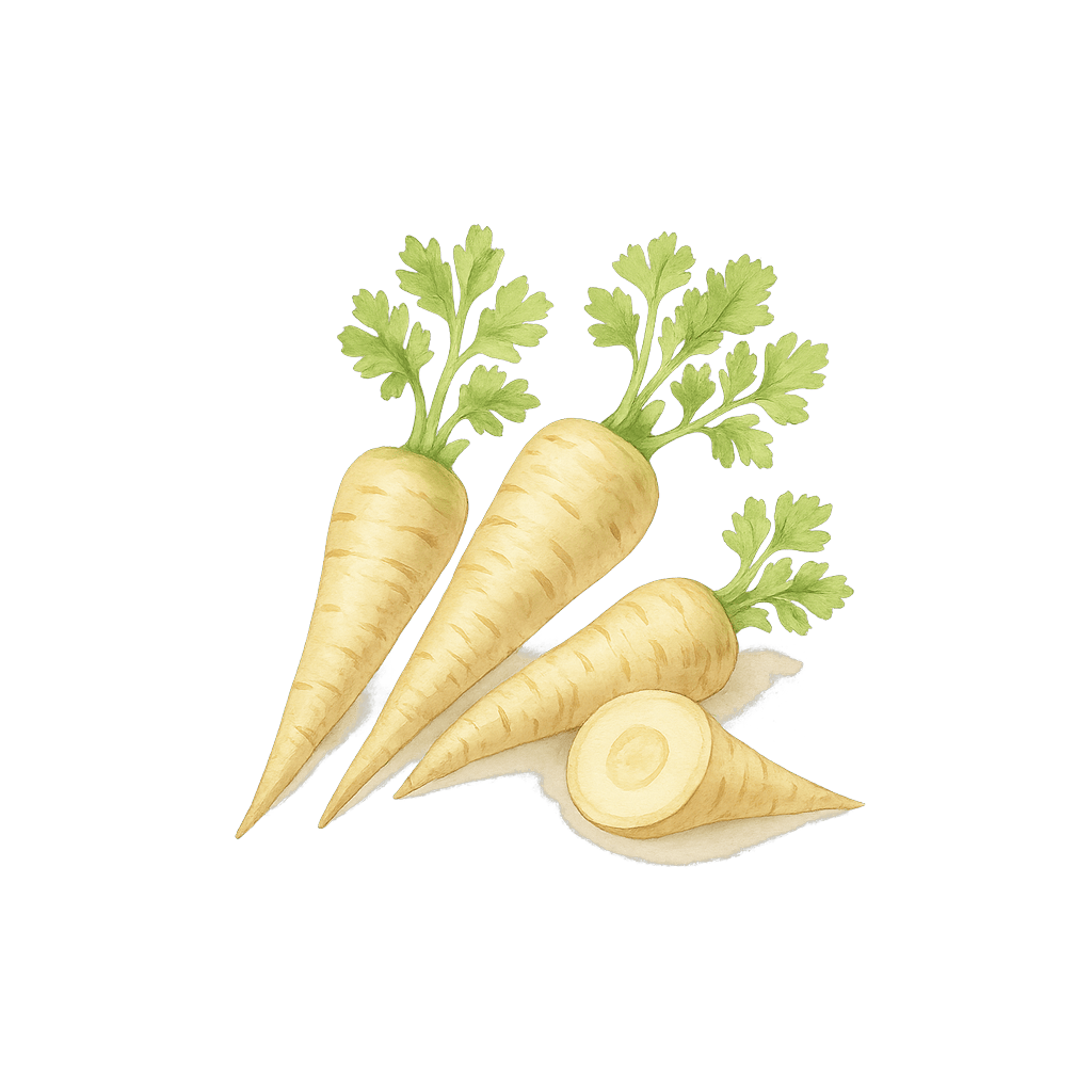 Parsnip: 75 kcal (314 kJ), Protein 1.2g, Carbs 17.99g, Fat 0.3g per 100g