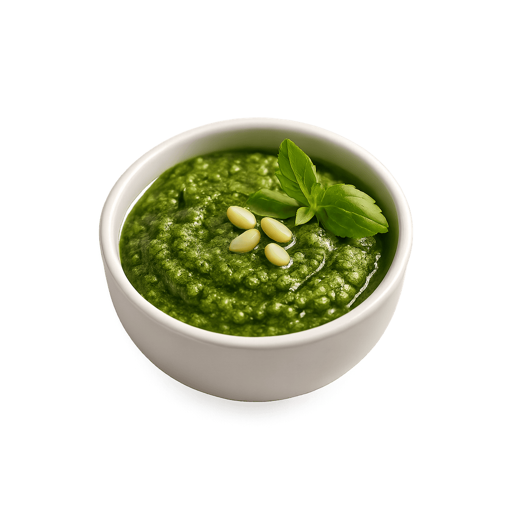 Pesto: 372 kcal (1556 kJ), Protein 4.16g, Kohlenhydrate 6.93g, Fett 36.38g pro 100g