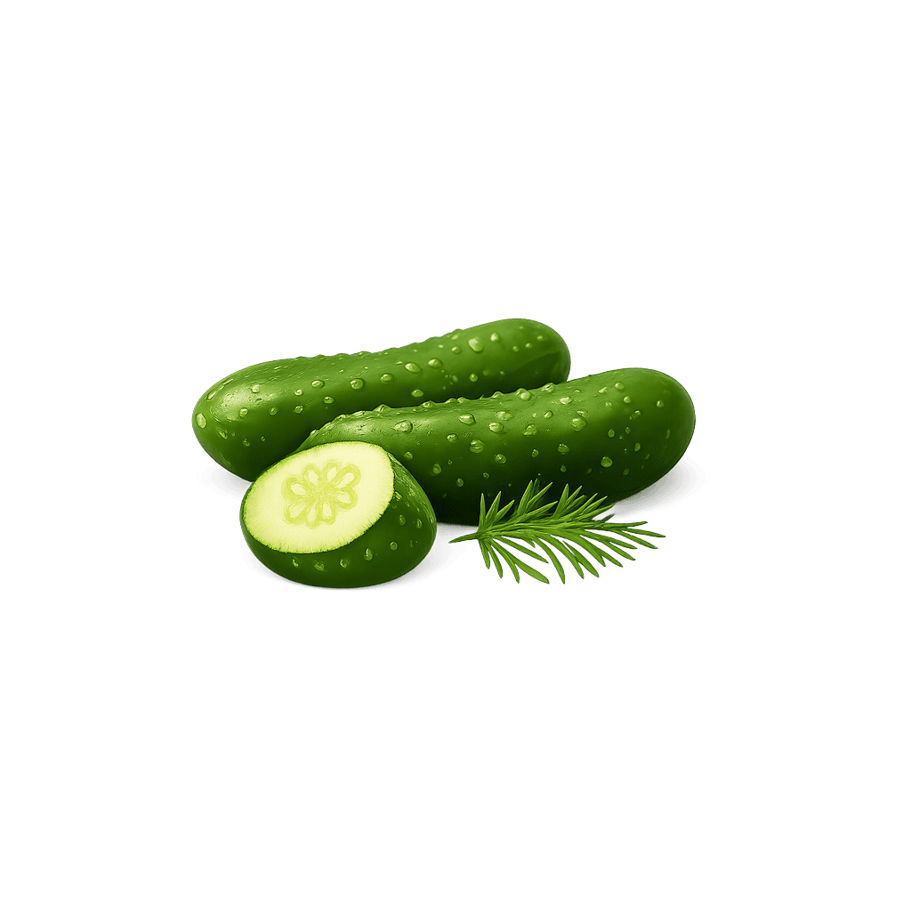 Nakládaná okurka: 12 kcal (50 kJ), Bílkoviny 0.5g, Sacharidy 2.41g, Tuky 0.3g na 100g