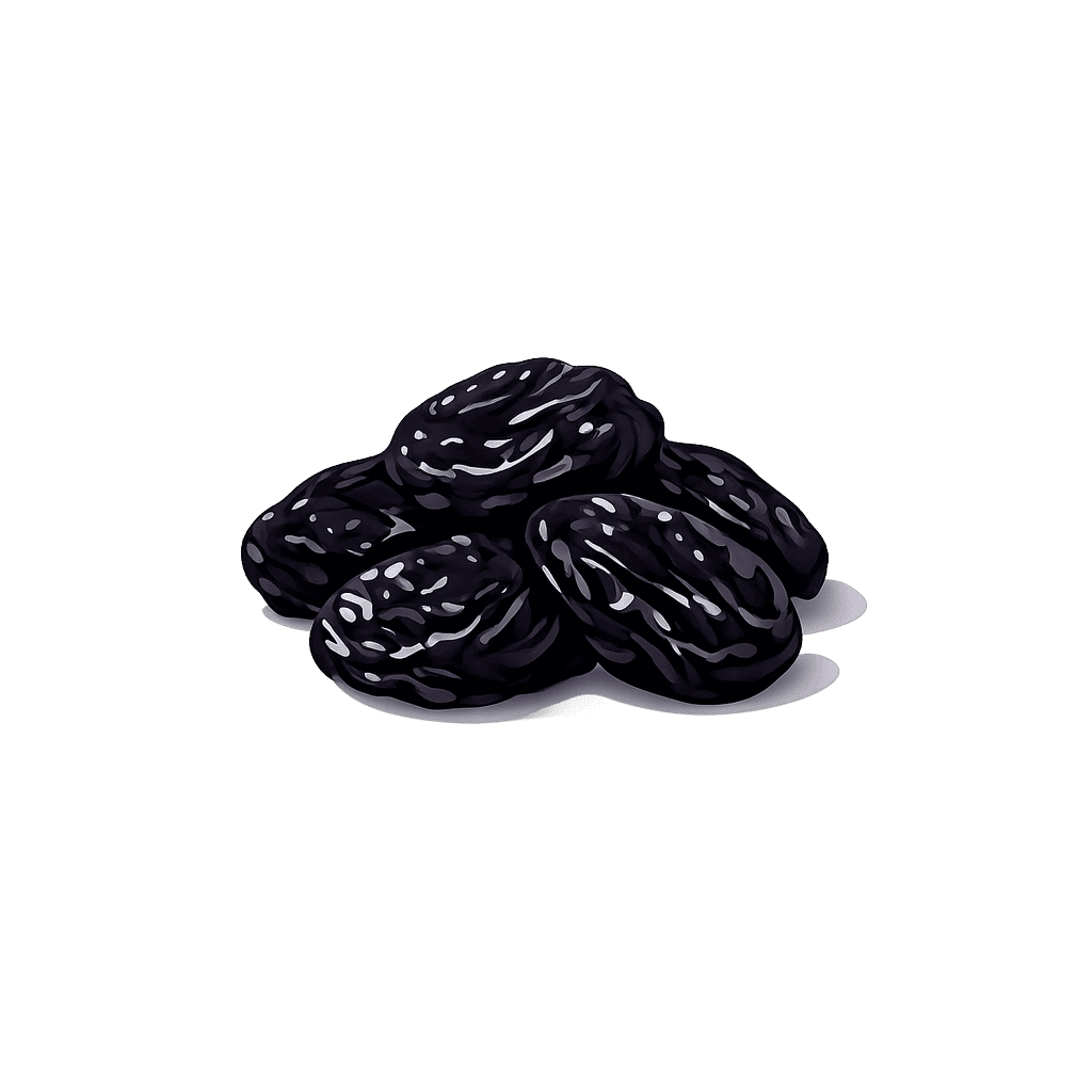 Prunes: 240 kcal (1004 kJ), Protein 2.18g, Carbs 63.88g, Fat 0.38g per 100g