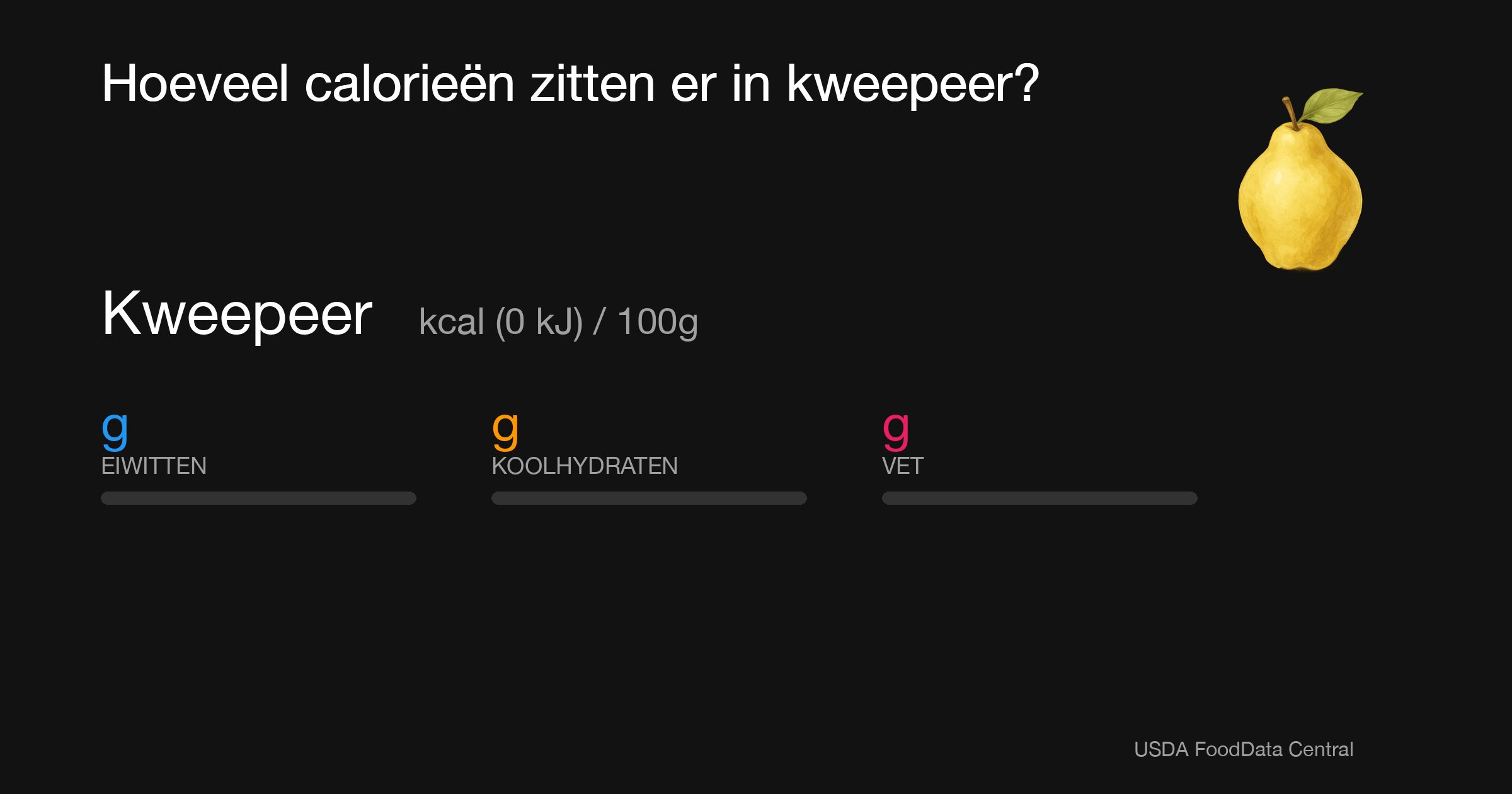 Kweepeer:  kcal (0 kJ), Eiwitten g, Koolhydraten g, Vet g per 100g