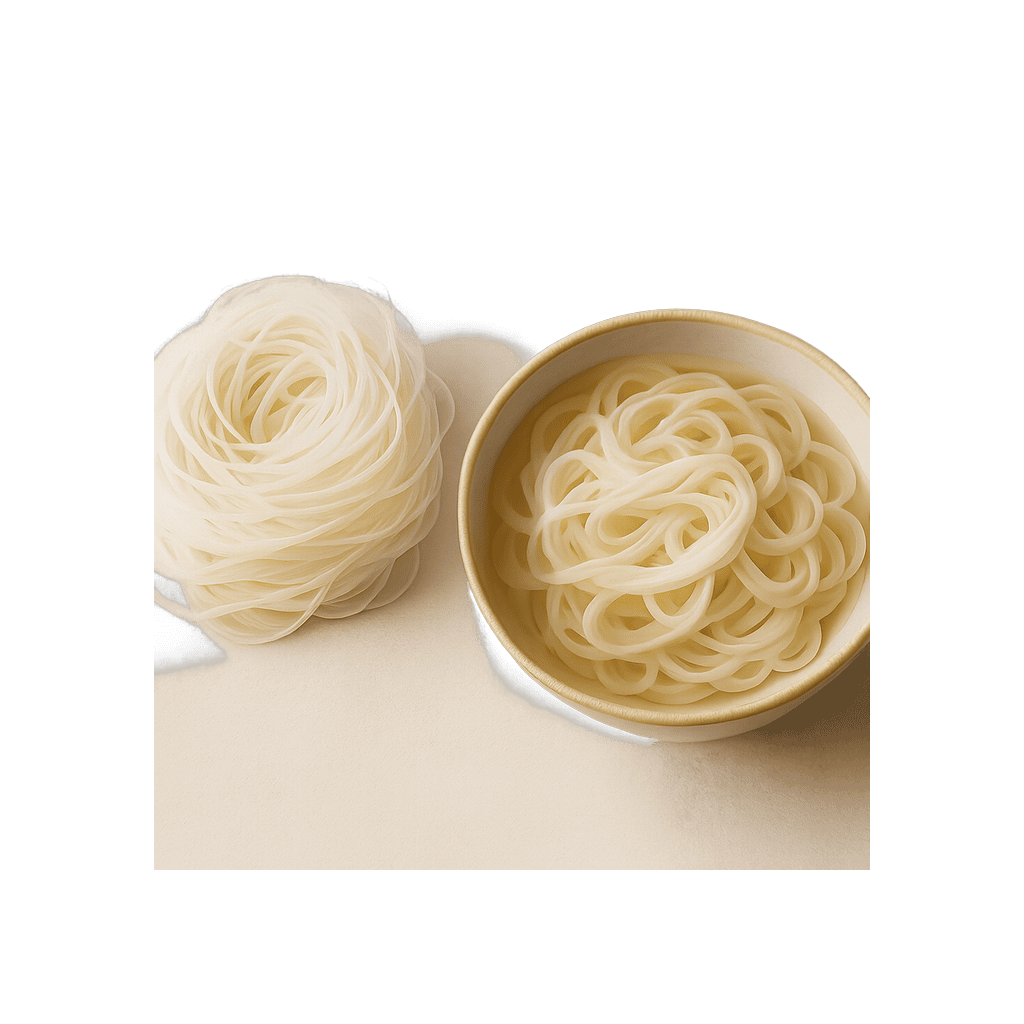 Rýžové nudle: 364 kcal (1523 kJ), Bílkoviny 5.95g, Sacharidy 80.18g, Tuky 0.56g na 100g