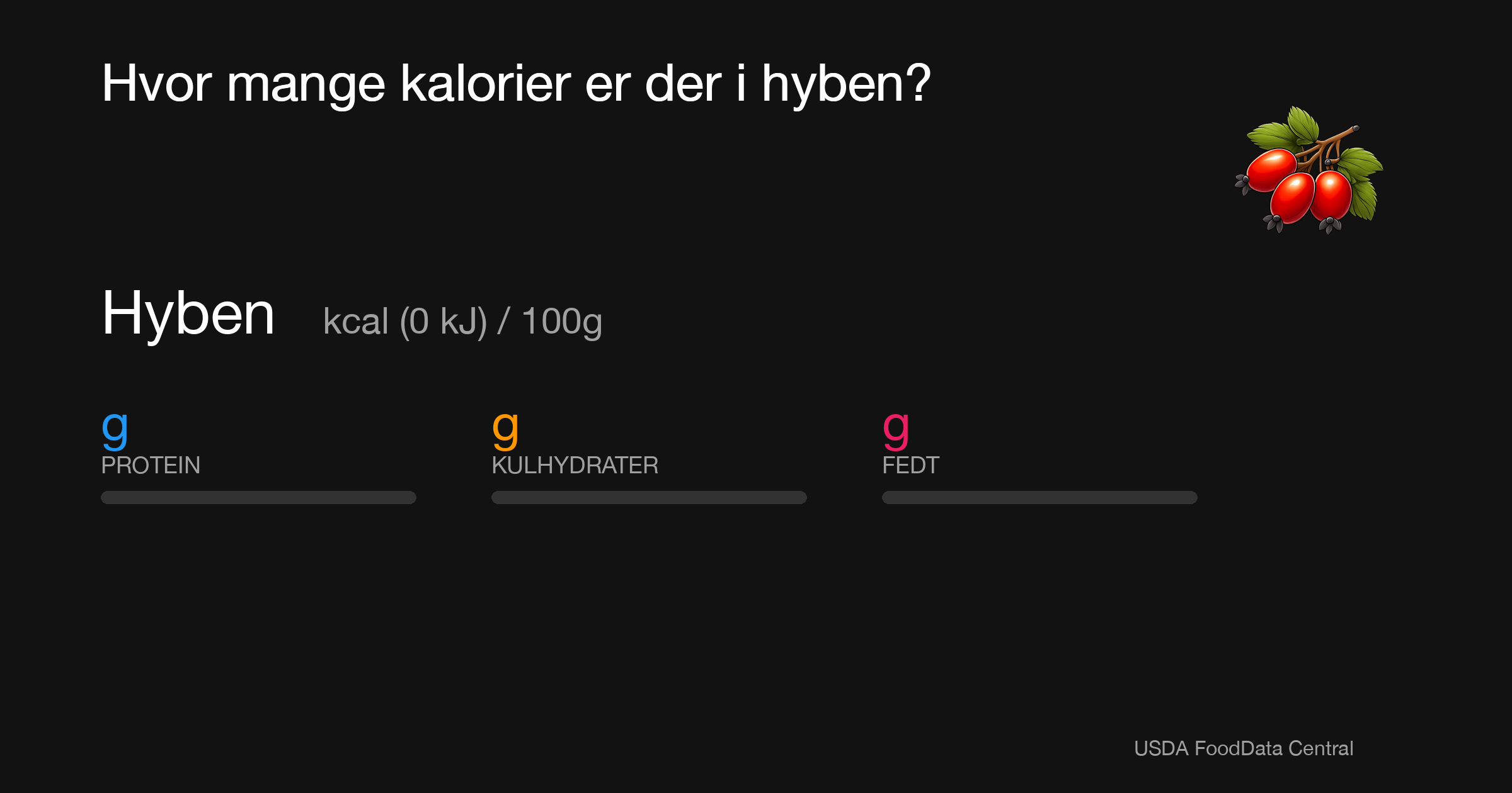 Hyben:  kcal (0 kJ), Protein g, Kulhydrater g, Fedt g per 100g
