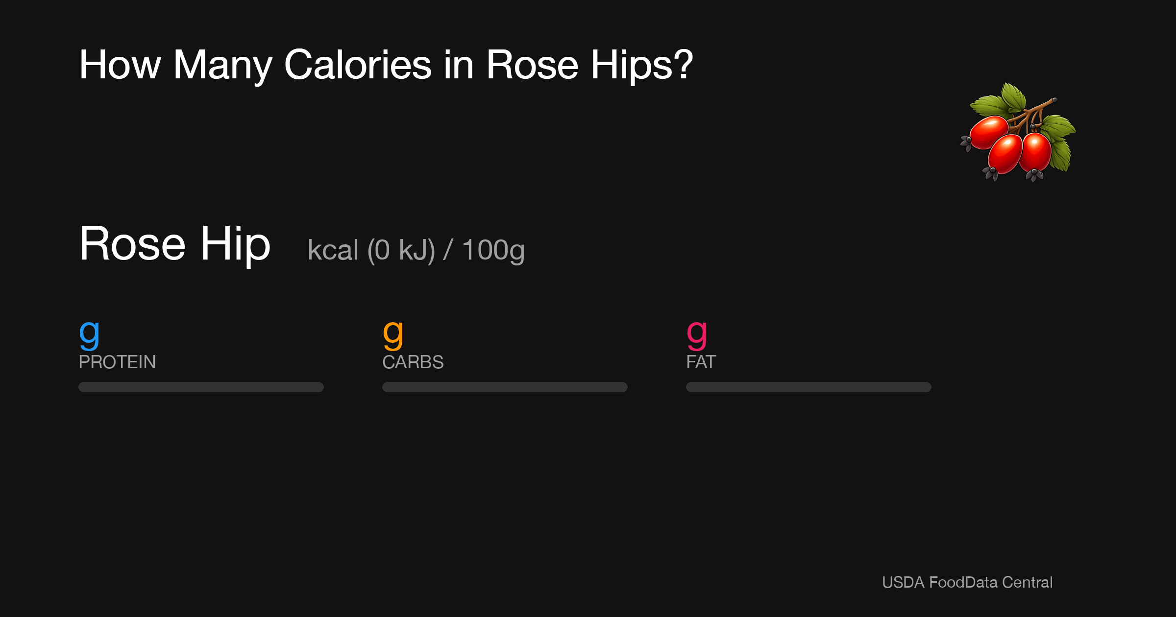 Rose Hip:  kcal (0 kJ), Protein g, Carbs g, Fat g per 100g
