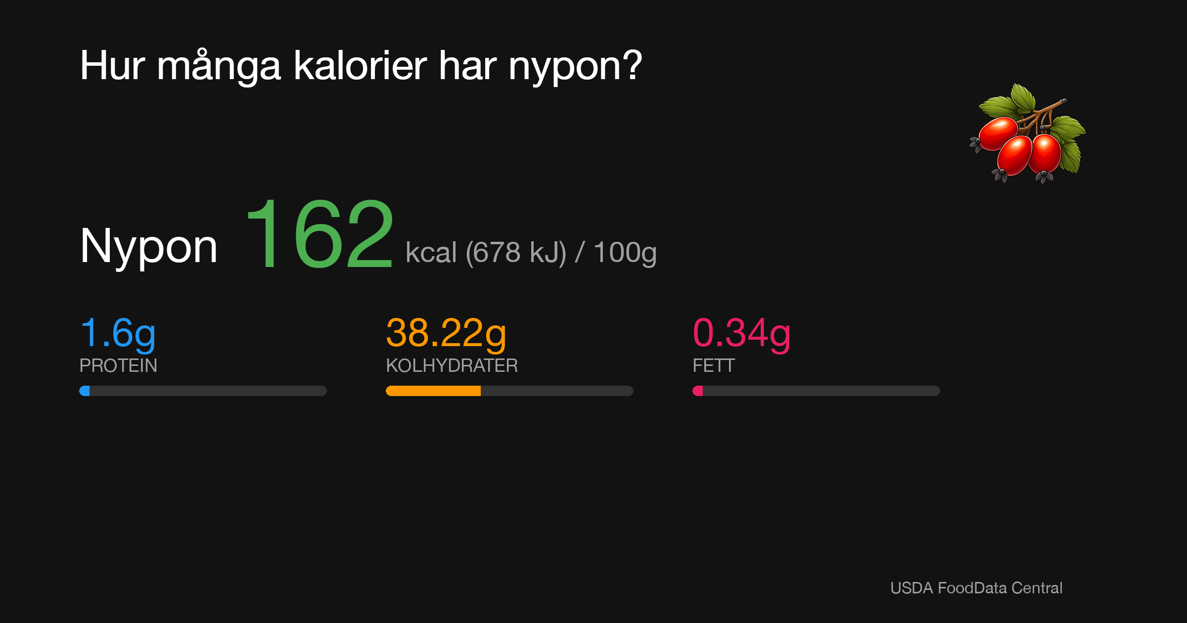 Nypon:  kcal (0 kJ), Protein g, Kolhydrater g, Fett g per 100g