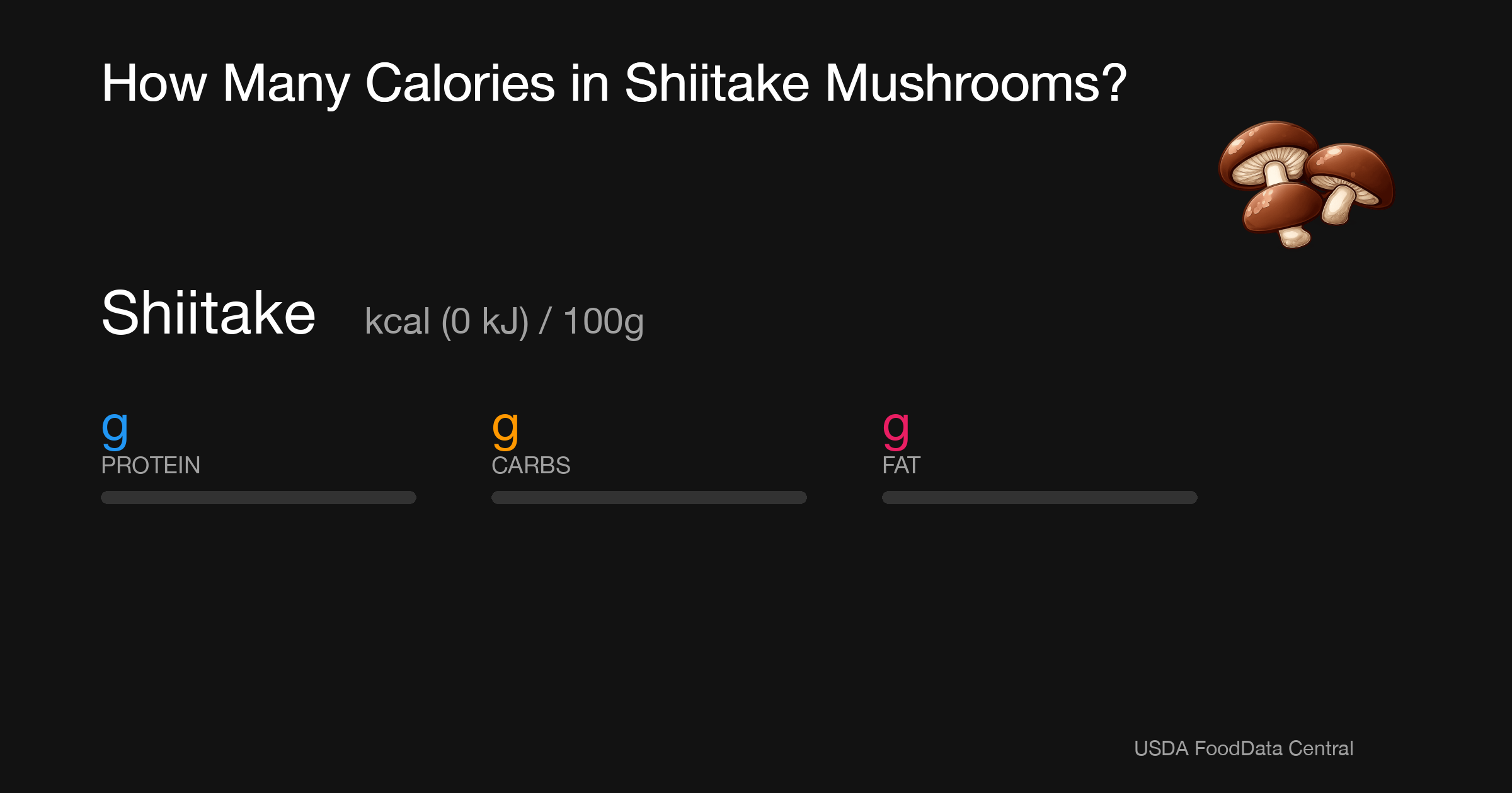 Shiitake:  kcal (0 kJ), Protein g, Carbs g, Fat g per 100g
