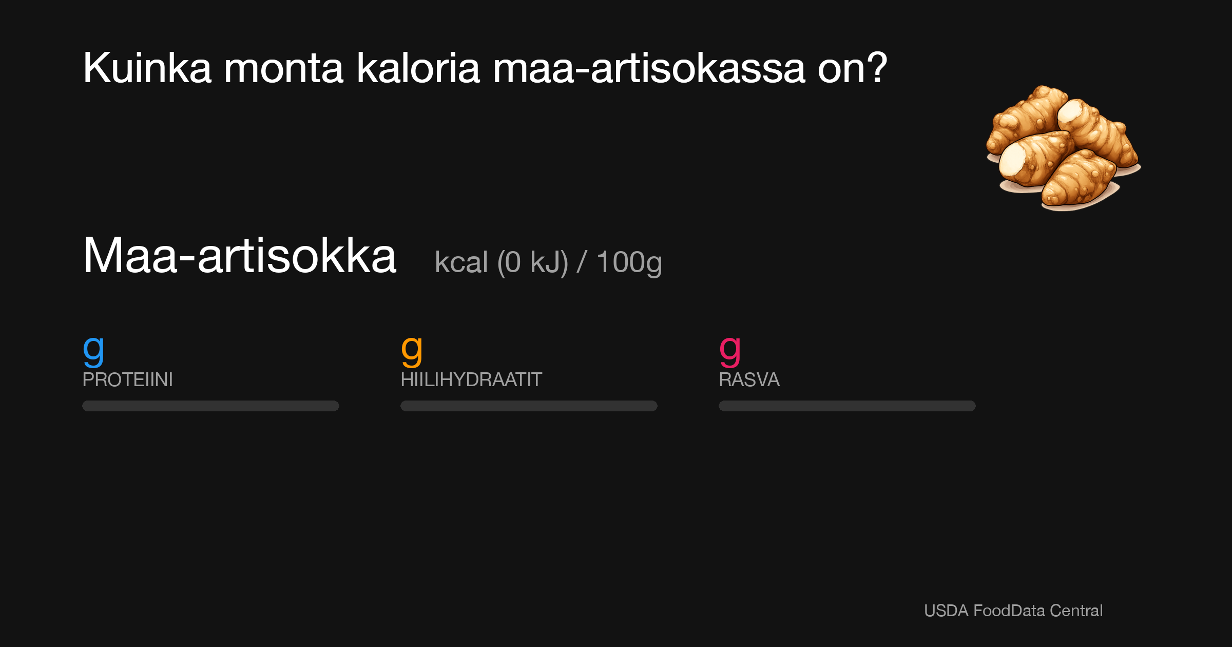 Maa-artisokka:  kcal (0 kJ), Proteiini g, Hiilihydraatit g, Rasva g per 100g
