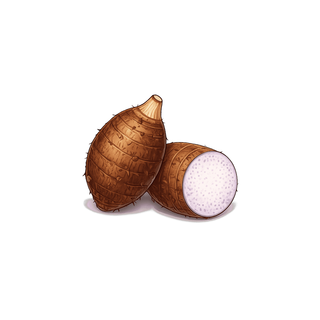 Taro: 112 kcal (469 kJ), Protein 1.5g, Carbs 26.5g, Fat 0.2g per 100g