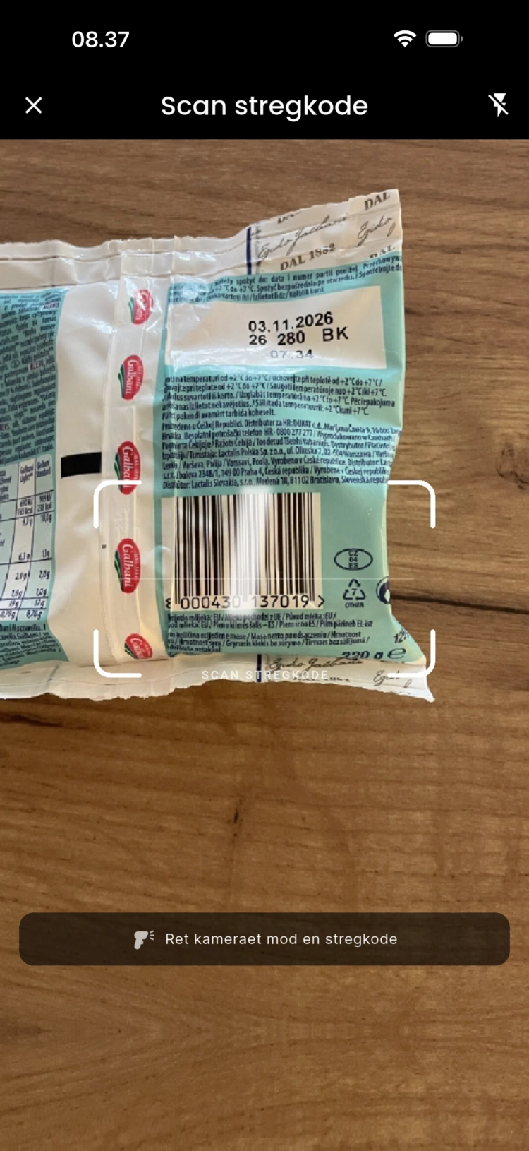 Stregkodescanner i appen: kameraet læser produktets stregkode, og appen slår den op i Open Food Facts