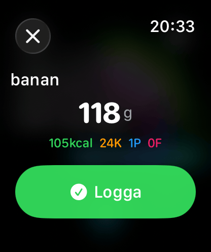 Matloggning med rösten på Apple Watch: banan 118 g, 105 kcal med protein, kolhydrater och fett — bekräfta med ett tryck