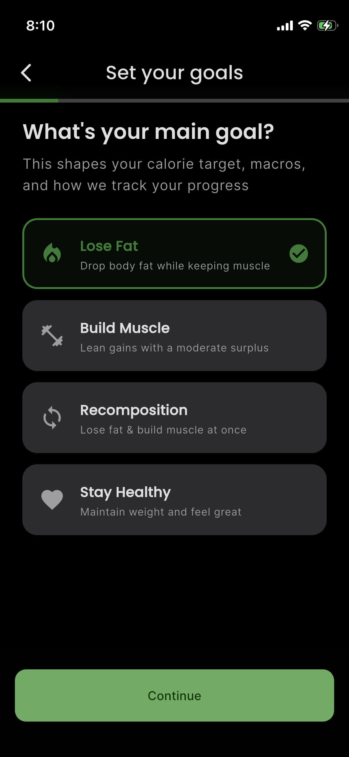 Obrazovka nastavenia cieľov s vstupmi pre vek, výšku, váhu a úroveň aktivity