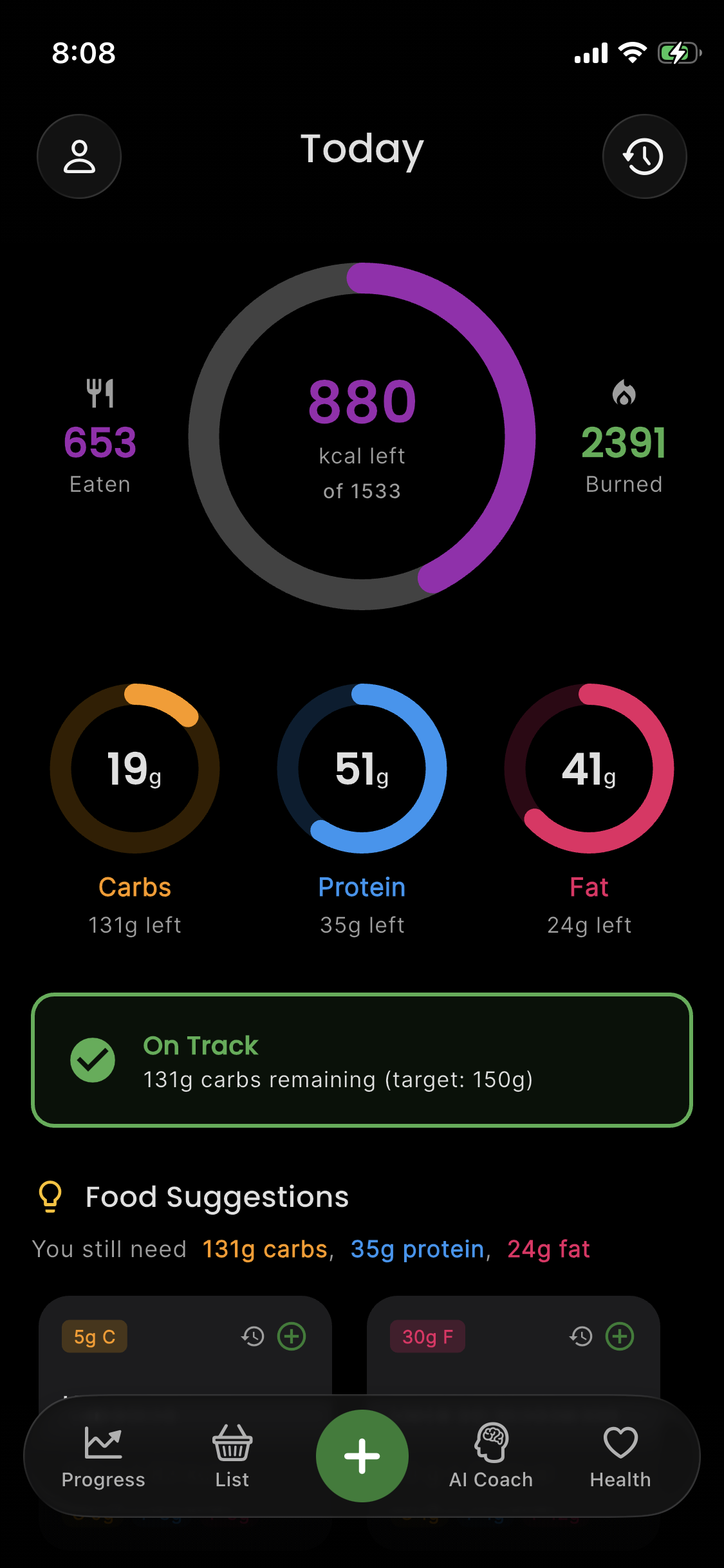 Denný dashboard pokroku zobrazujúci skonzumované vs zostávajúce kalórie