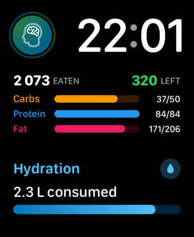 Apple Watch obdélníkový widget s kaloriemi, makro ukazateli a hydratací