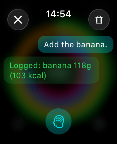 Apple Watch potvrzení — banán 118g (103 kcal) úspěšně zalogován