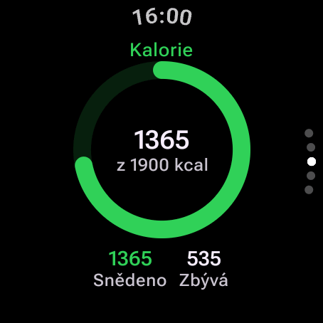Ukazatel kalorií na Wear OS: dnes snědeno 1 365 z 1 900 kcal, zbývá 535
