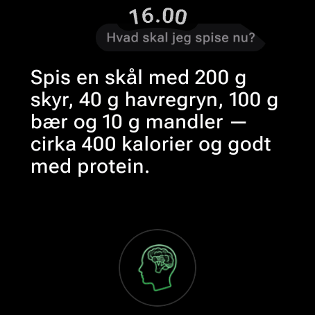 AI-ernæringscoach på Wear OS svarer på „Hvad skal jeg spise nu?“ med et måltid, der passer til dine resterende kalorier og makroer