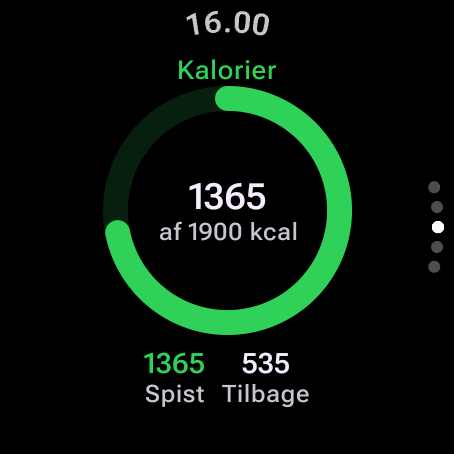 Kaloriemåler på Wear OS: 1.365 af 1.900 kcal spist i dag, 535 tilbage