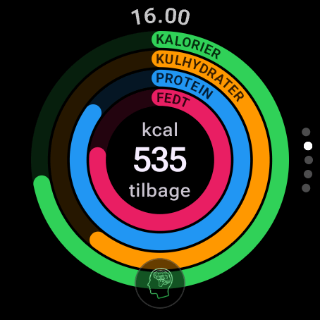 Kalorietæller til Wear OS: fire makroringe for kalorier, kulhydrater, protein og fedt med 535 kcal tilbage og knappen til AI Coach