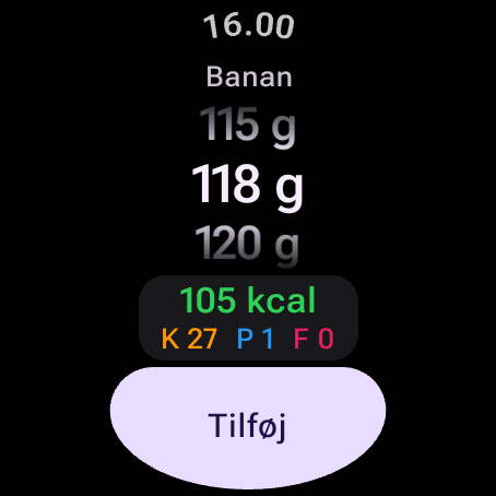 Madbekræftelse på Wear OS: banan 118 g, 105 kcal med kulhydrater, protein og fedt — drej kronen eller rammen for at ændre grammene, og tryk derefter på Tilføj