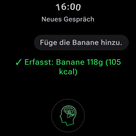 Essen im Gespräch mit dem AI Coach auf Wear OS erfassen: „Füg die Banane hinzu“ — erfasst, Banane 118 g (105 kcal)