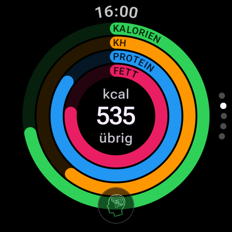 Kalorienzähler für Wear OS: vier Makro-Ringe für Kalorien, Kohlenhydrate, Protein und Fett mit noch 535 kcal übrig und die Taste für den AI Coach