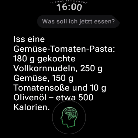 KI-Ernährungscoach auf Wear OS beantwortet „Was soll ich jetzt essen?“ mit einer Mahlzeit, die zu den restlichen Kalorien und Makros passt
