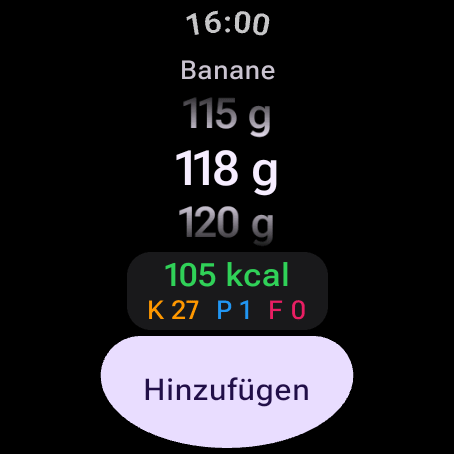 Lebensmittelbestätigung auf Wear OS: Banane 118 g, 105 kcal mit Kohlenhydraten, Protein und Fett — dreh die Krone oder die Lünette, um die Gramm zu ändern, und tippe auf Hinzufügen