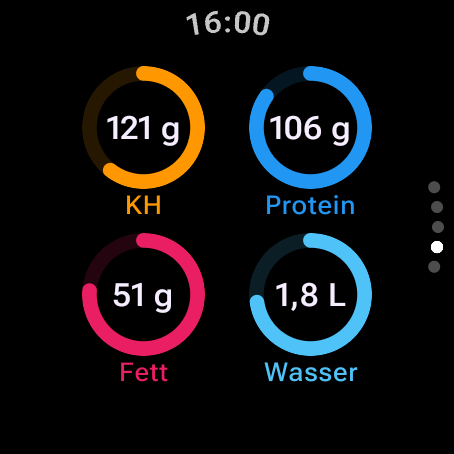 Makros und Wasser auf Wear OS: Ringe für 121 g Kohlenhydrate, 106 g Protein, 51 g Fett und 1,8 l Wasser — tippe auf einen Ring, um sein Ziel zu sehen