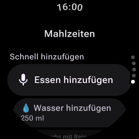 Seite Mahlzeiten auf Wear OS: Essen hinzufügen, um eine Mahlzeit per Sprache oder Tastatur zu erfassen, Wasser hinzufügen und deine üblichen Lebensmittel unter Schnell hinzufügen