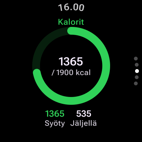 Wear OS -kalorimittari: tänään syöty 1 365 / 1 900 kcal, jäljellä 535