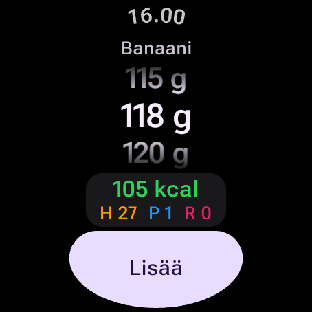 Ruoan vahvistus Wear OS:ssä: banaani 118 g, 105 kcal sekä hiilihydraatit, proteiini ja rasva — muuta grammoja kääntämällä kruunua tai kehystä ja napauta Lisää