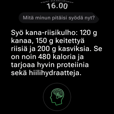Tekoälyravitsemusvalmentaja Wear OS:ssä vastaa kysymykseen ”Mitä minun pitäisi syödä nyt?” ateriaehdotuksella, joka sopii jäljellä oleviin kaloreihin ja makroihin