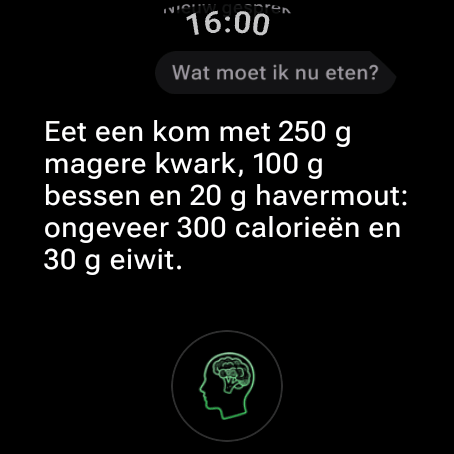 AI-voedingscoach op Wear OS beantwoordt “Wat moet ik nu eten?” met een maaltijd die past in je resterende calorieën en macro’s