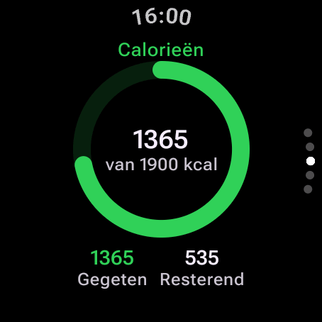 Caloriemeter op Wear OS: vandaag 1.365 van 1.900 kcal gegeten, nog 535 over