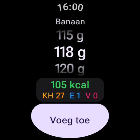Voedselbevestiging op Wear OS: banaan 118 g, 105 kcal met koolhydraten, eiwitten en vet — draai aan de kroon of de draaiende rand om de grammen te wijzigen en tik dan op Voeg toe