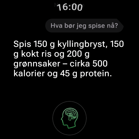 AI-ernæringscoach på Wear OS svarer på «Hva bør jeg spise nå?» med et måltid som passer til kaloriene og makroene du har igjen