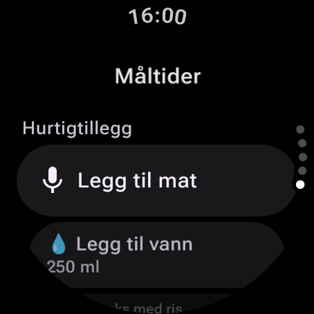 Måltider-siden på Wear OS: Legg til mat for å logge et måltid med stemmen eller tastaturet, Legg til vann og den vanlige maten din i Hurtigtillegg