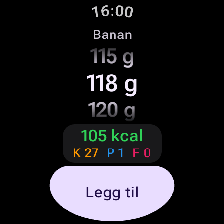 Matbekreftelse på Wear OS: banan 118 g, 105 kcal med karbohydrater, protein og fett — vri på kronen eller rammen for å endre grammene, og trykk så på Legg til