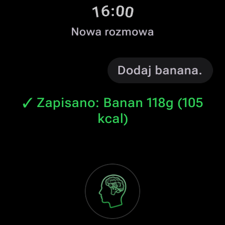 Zapisywanie jedzenia rozmową z AI Coachem na Wear OS: „Dodaj banana” — zapisano, banan 118 g (105 kcal)